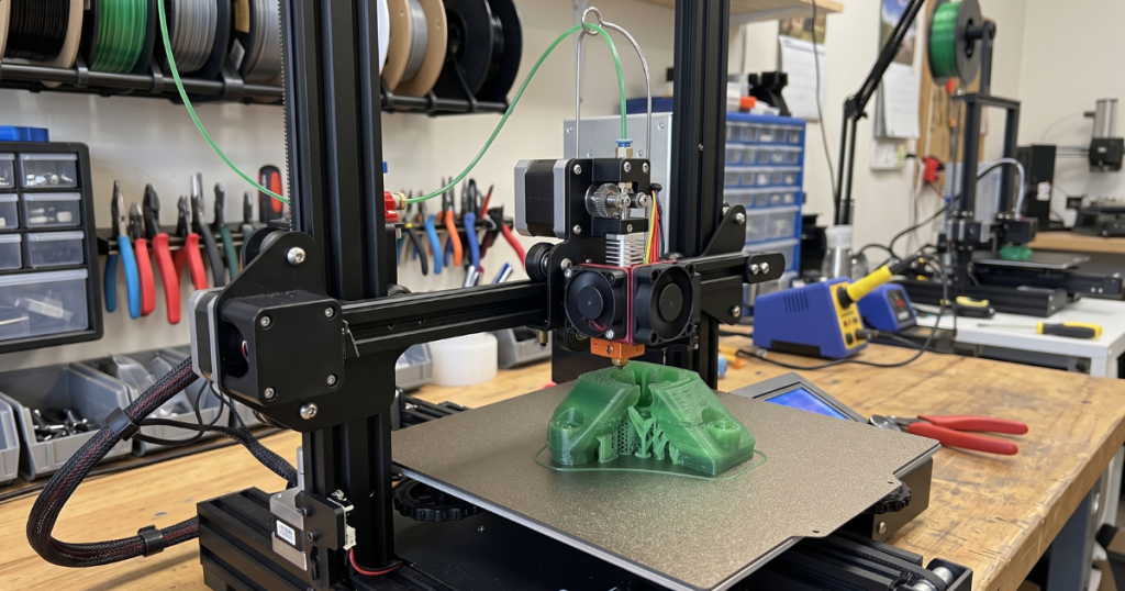 Upgraded direct-drive extruder prints a green model on an open-frame 3D printer.
