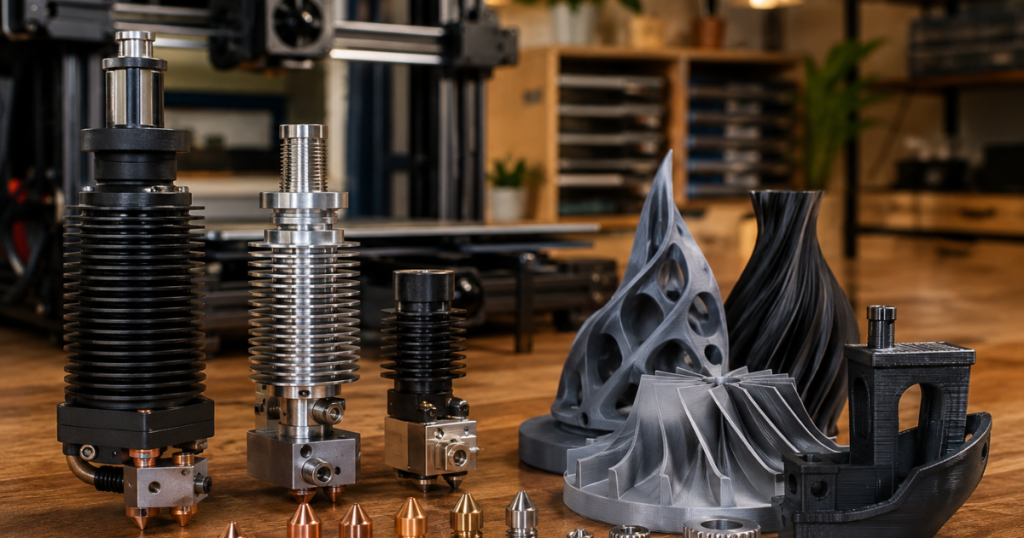 Multiple hotends and nozzles are displayed beside detailed 3D-printed test models.