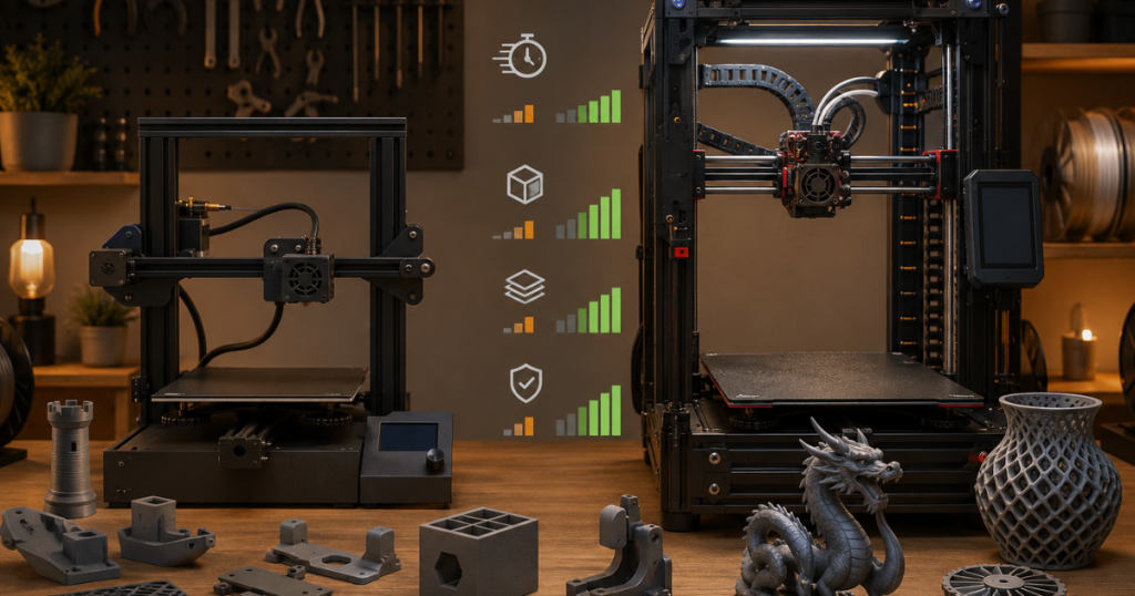 Two 3D printers and assorted test models illustrate performance gains from printer upgrades.