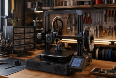 Open-frame 3D printer creates a black part on an organized workshop bench.