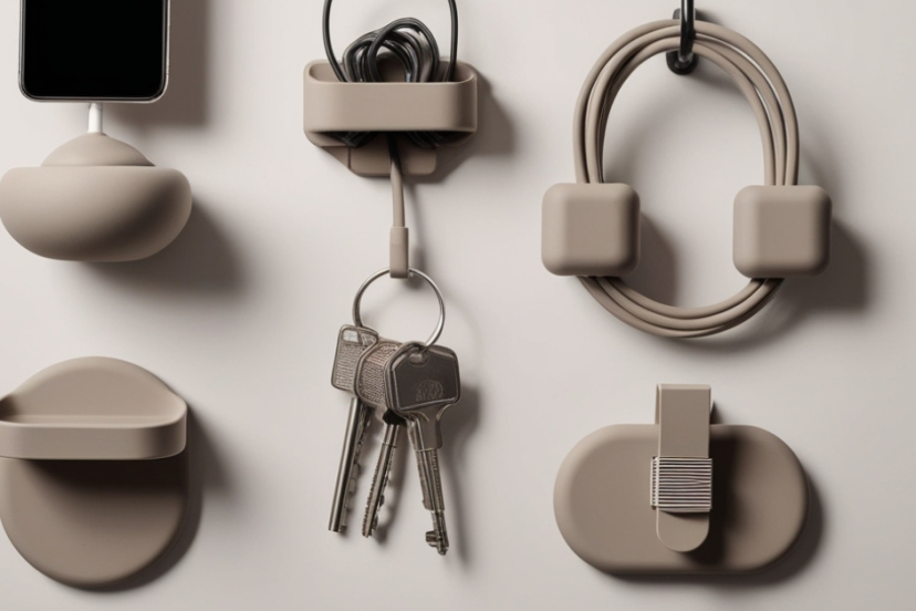 A flat layout of multiple 3D-printed household and desk gadgets like phone stands, key holders, cable organizers, and clips arranged neatly on a tabletop.