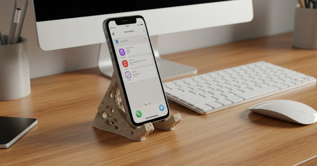 A 3D printed phone stand holding a smartphone on a modern desk setup beside a computer keyboard and mouse.