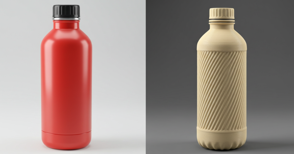 A side-by-side comparison showing a store-bought red bottle and a 3D printed beige version with visible print texture.