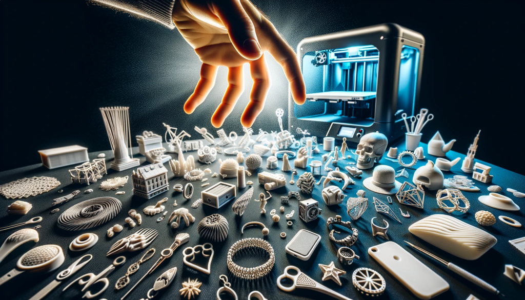 A close-up view of a hand reaching toward an array of intricately 3D printed objects beside a glowing 3D printer, symbolizing creativity, innovation, and limitless design possibilities.