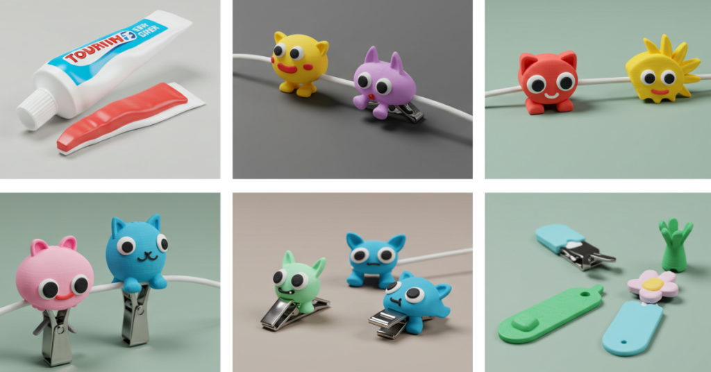 A colorful montage of whimsical 3D printed gadgets including cable clips, toothpaste squeezers, and small character-themed accessories.