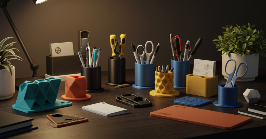 A well-lit workspace featuring various 3D printed pen holders, tool stands, and organizers for an efficient and creative desk setup.