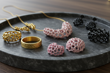 3D printed rings and necklaces displayed on a jewelry tray