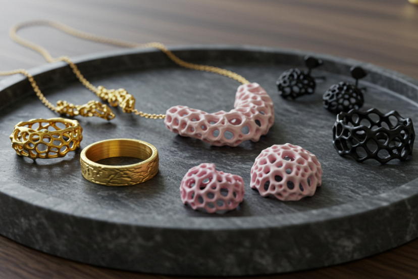 3D printed rings and necklaces displayed on a jewelry tray