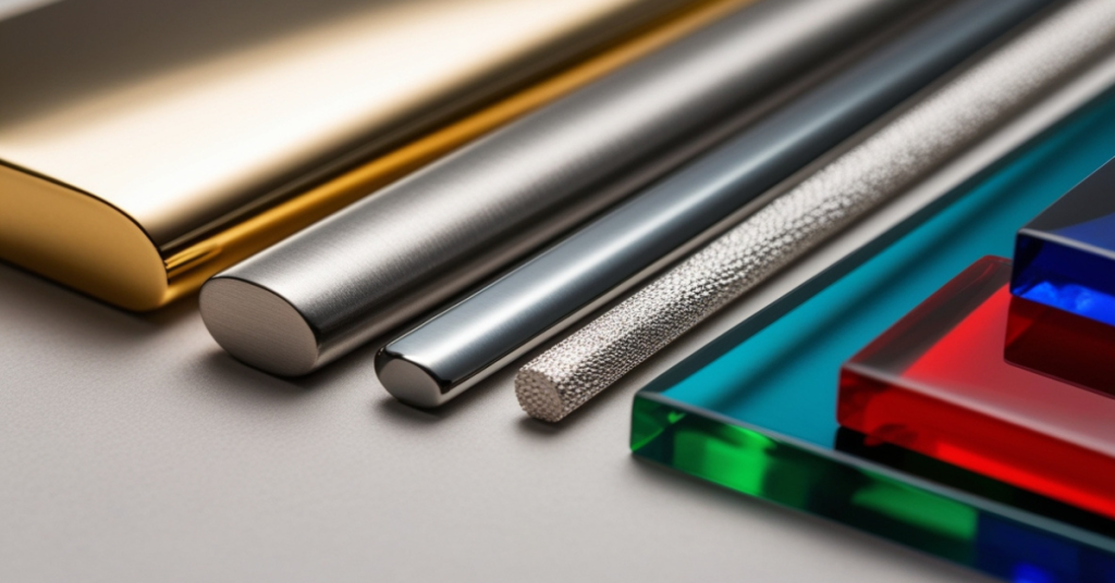 Variety of 3D printed jewelry materials including gold, silver, titanium, and resin.