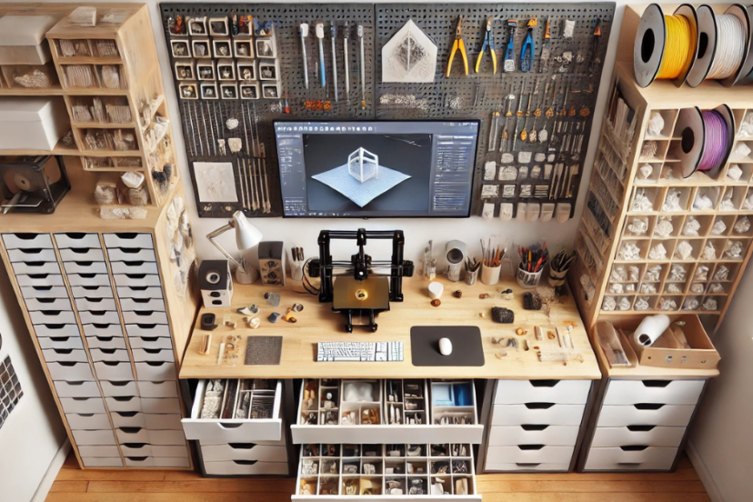Innovative 3D printer storage ideas for small spaces with racks, bins, and drawers.
