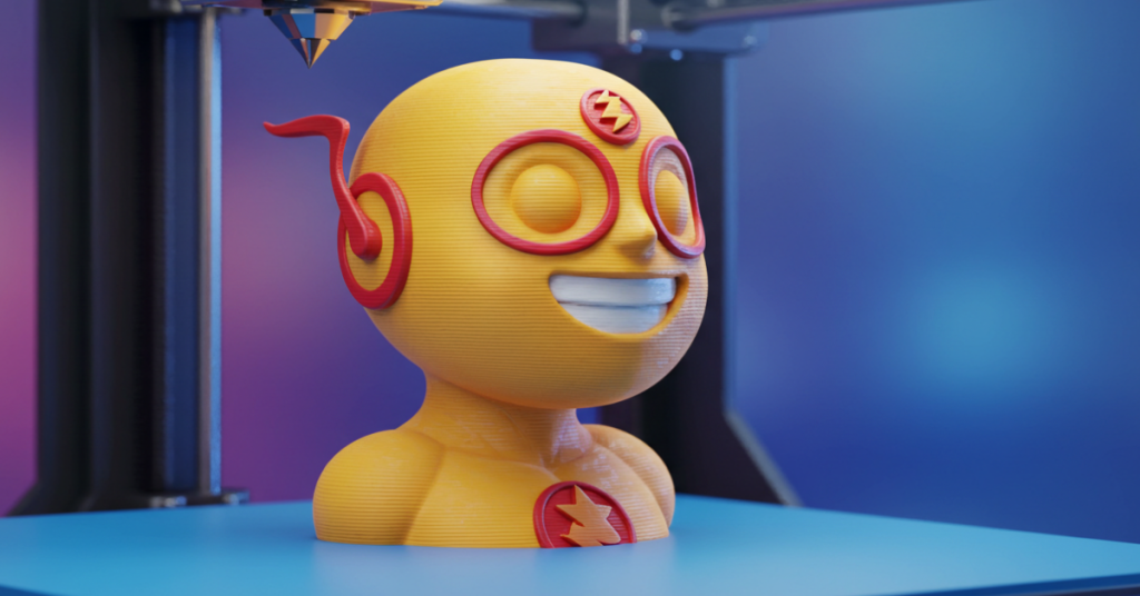 3D printer actively printing a colorful comic character bust, showcasing layered build-up and precision.