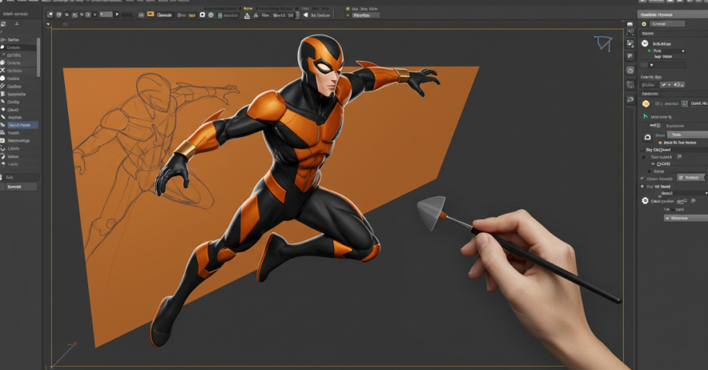 Digital sculpting of a comic character model in progress on a computer screen, highlighting the 3D design stage.