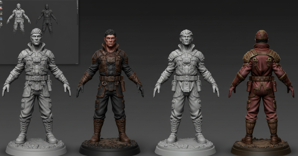 Side-by-side lineup showing the evolution from sketch, to digital model, to raw print, and finally to painted figurine.