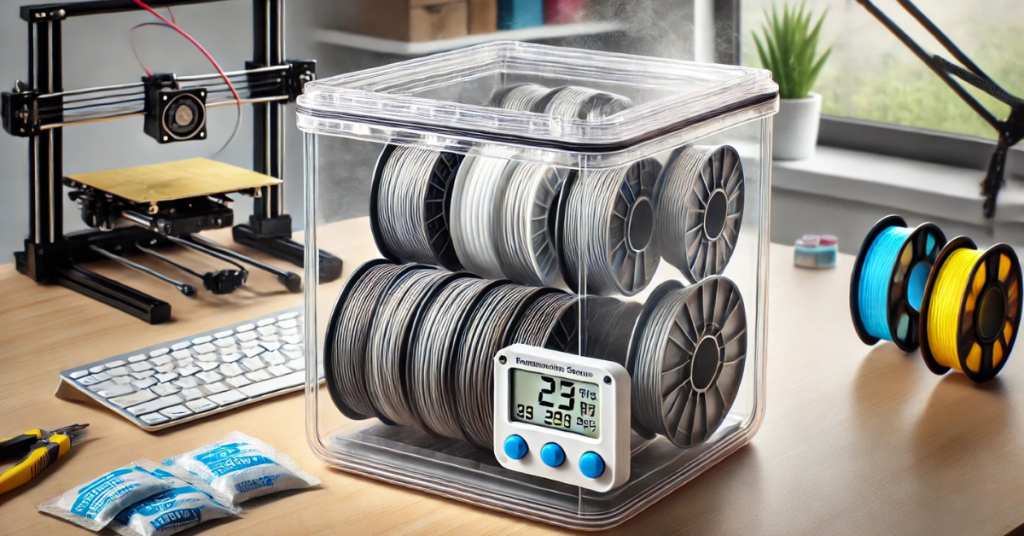Labeled stackable airtight containers with desiccant and hygrometer for storing 3D printing filament.