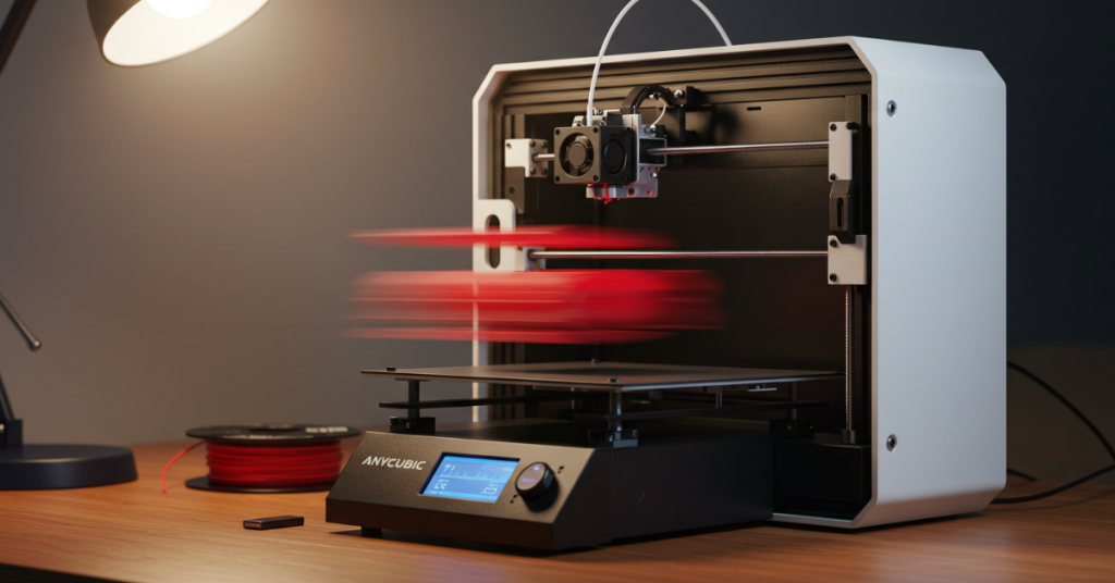 Anycubic Kobra 2 3D printer producing a fast print with motion blur showing speed