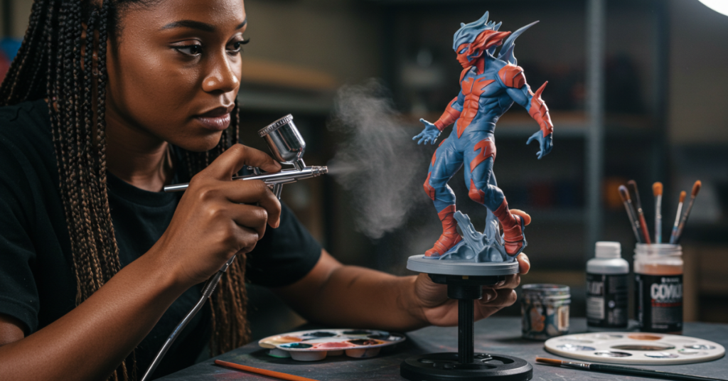 Artist airbrushing a 3D printed superhero figurine with vibrant paint, demonstrating the finishing touches of comic character creation.