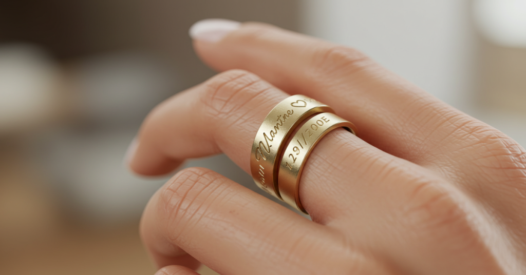 Custom 3D printed ring with personalized engraving details.