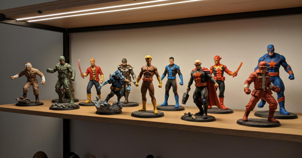 Display shelf showcasing a collection of fully painted 3D printed comic characters in dynamic poses.