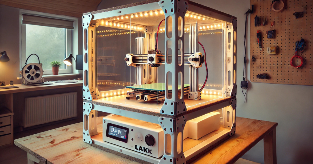 DIY 3D printer stand and enclosure with LED lighting, providing stable support and storage space for tools and materials in a creative workshop setup.