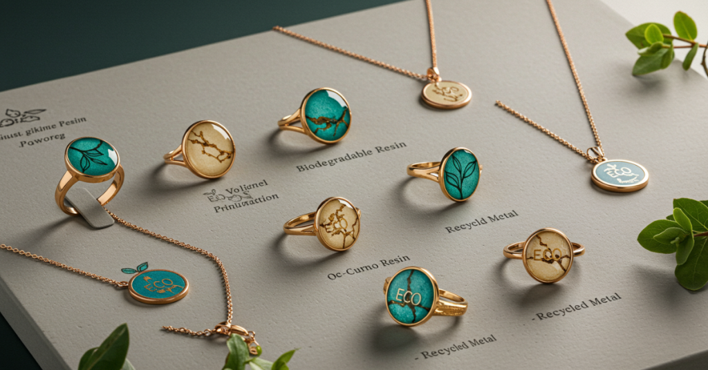 Eco-friendly 3D printed jewelry made from biodegradable resin and recycled metals.