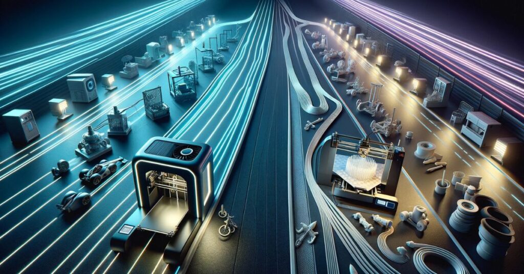 Futuristic concept of high-speed 3D printers producing parts rapidly, symbolizing the fastest 3D printers on the market for rapid prototyping and production.