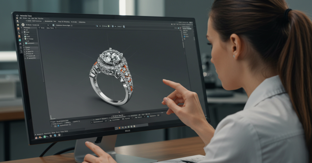 Jewelry designer creating a ring using CAD software for 3D printing.