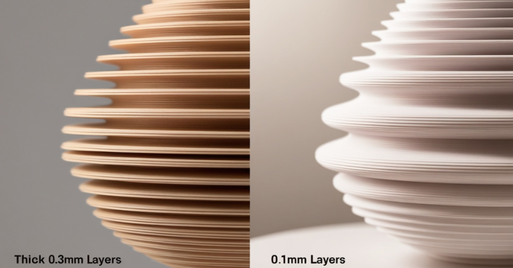 Side-by-side comparison of thick-layer fast 3D print and fine-layer high-quality 3D print.