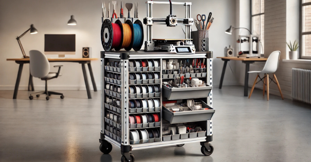 Mobile storage cart for 3D printing with organized trays, filament spools, and locking casters.