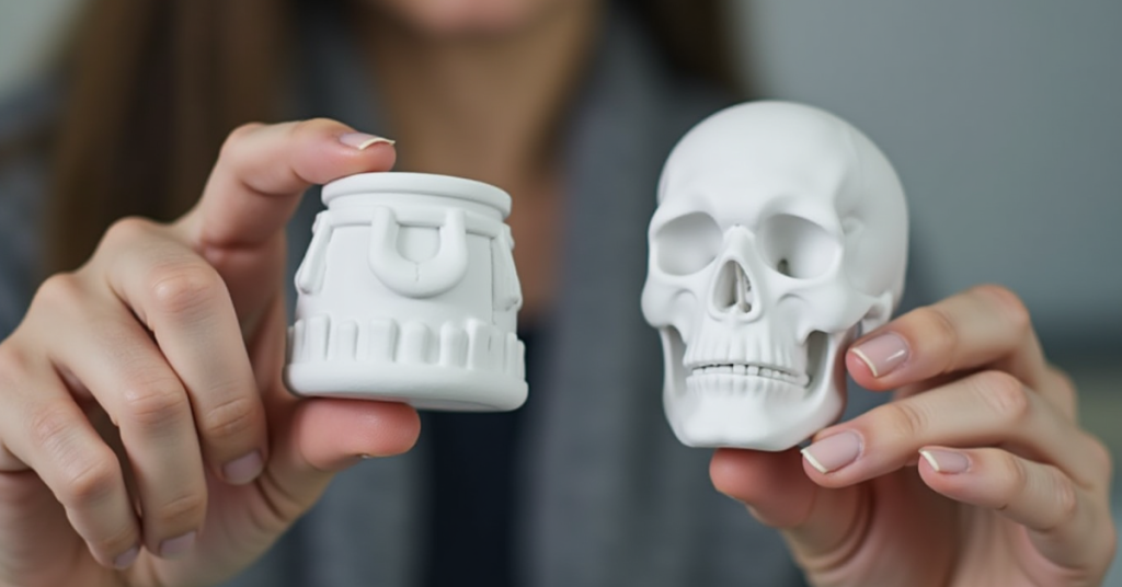 Designer comparing two prototypes: a fast draft version and a high-quality detailed model