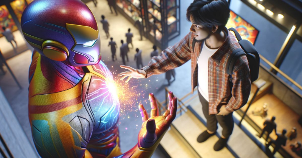 Surreal scene of a young artist reaching out to a glowing futuristic hero figure, symbolizing imagination meeting creation through 3D printing.