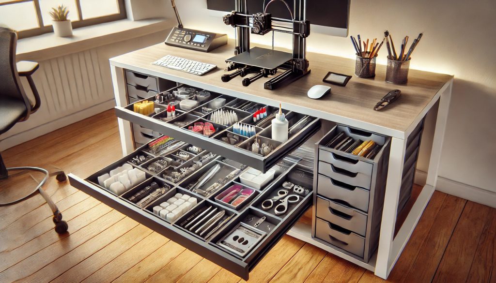 Slide-out under-desk drawers organizing small 3D printing tools and spare parts.