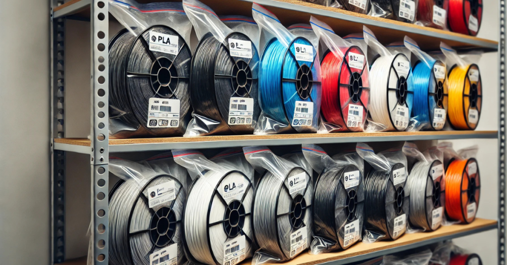 Wall-mounted shelves and pegboard organizing 3D printer filaments, tools, and accessories.