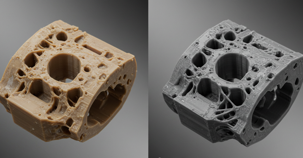 Before and after comparison of a 3D print showing surface texture differences after support removal and sanding