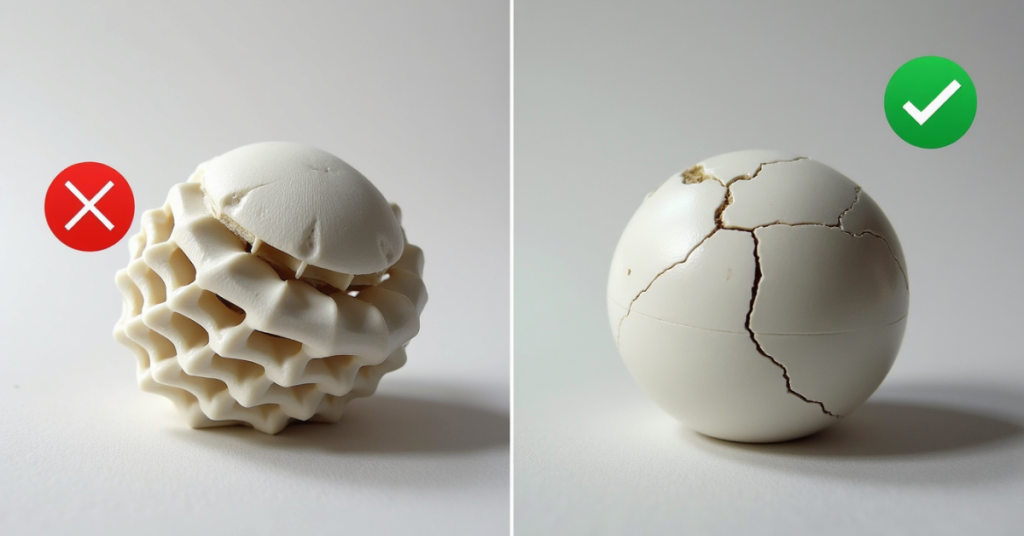 Side-by-side comparison showing incorrect and correct handling of a delicate 3D print during support removal