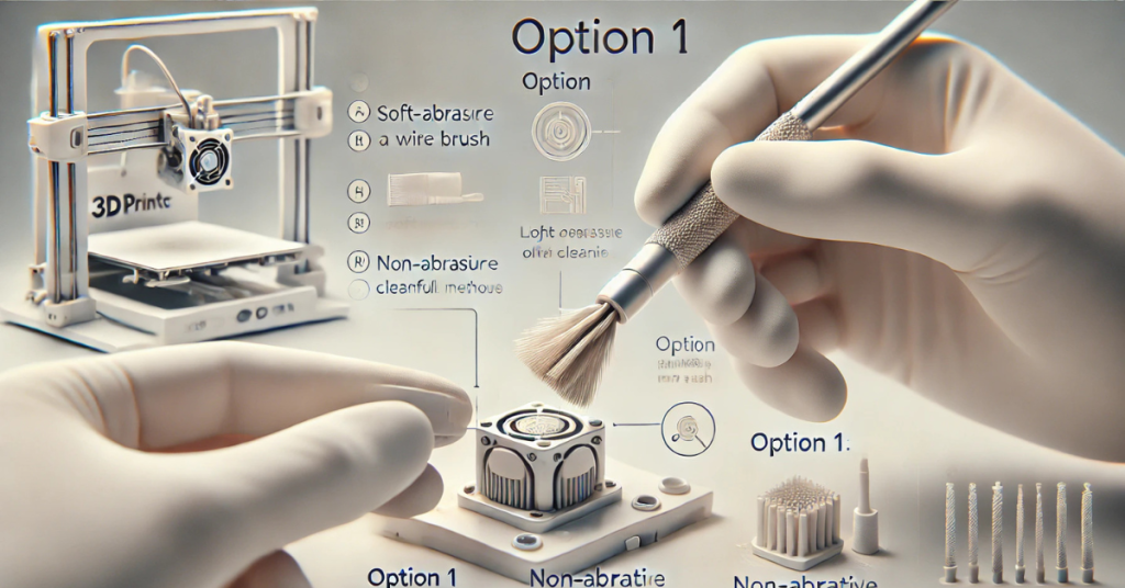 Infographic-style image showing gloved hands using a soft brush to clean a 3D printer nozzle with non-abrasive tools and techniques