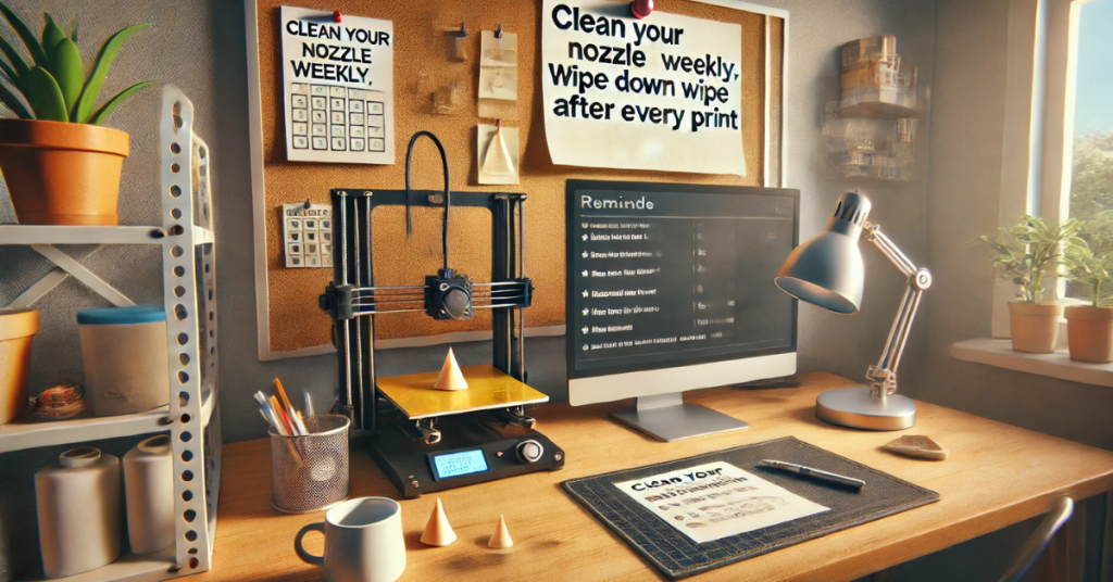 Reminder chart or sticky note reading 'Clean your nozzle weekly' near a 3D printer setup