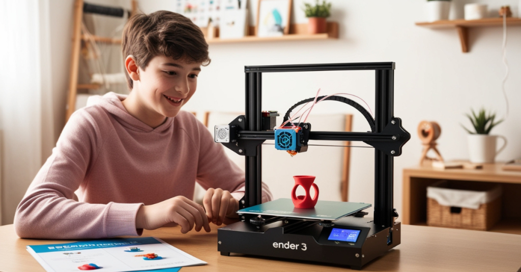 Smiling teenager using a Creality Ender 3 3D printer at home, printing a red model and exploring 3D printing as a beginner