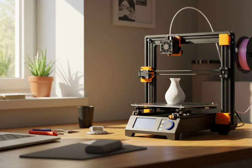 Beginner-friendly 3D printer setup on a wooden desk, printing a white vase in a sunlit home workspace with a laptop and tools nearby
