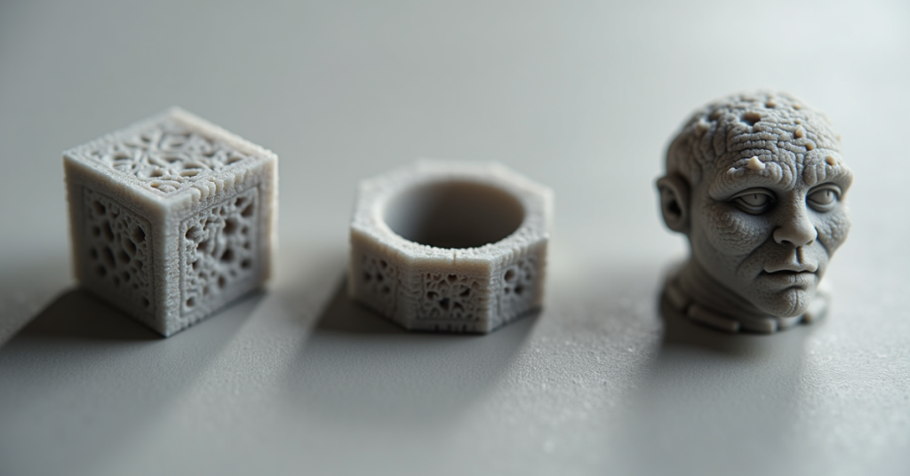 Close-up of three detailed 3D printed models showing texture and print quality: a cube, ring, and sculpted head