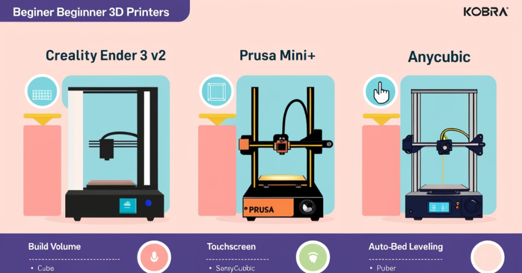 Comparison chart of beginner 3D printers with key features like build volume and auto-bed leveling