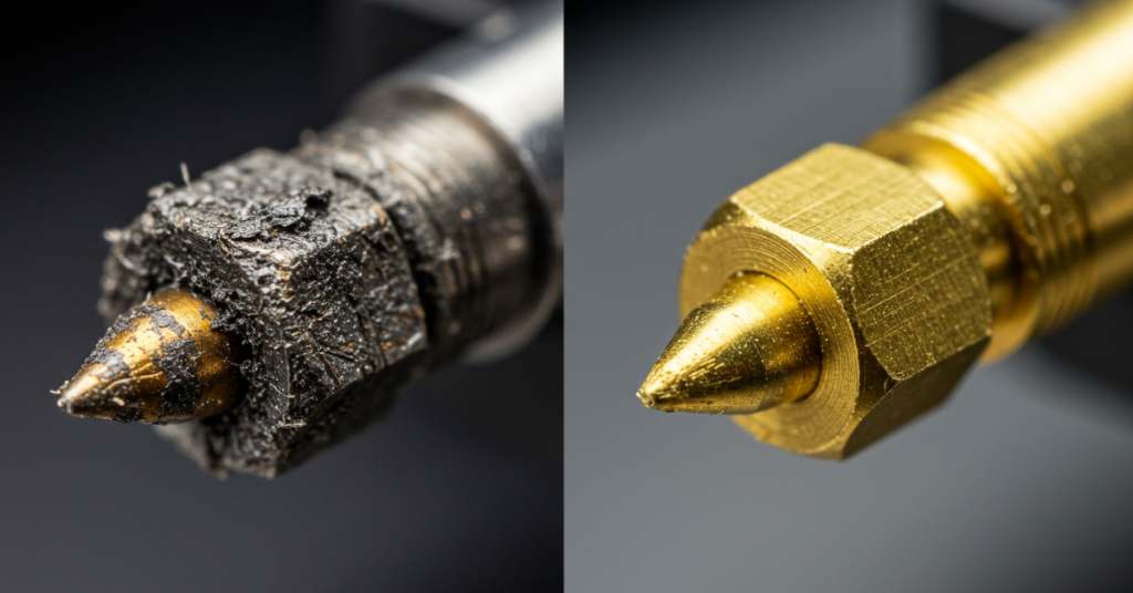 Side-by-side close-up of a dirty, clogged 3D printer nozzle and a clean, shiny nozzle after eco-friendly cleaning