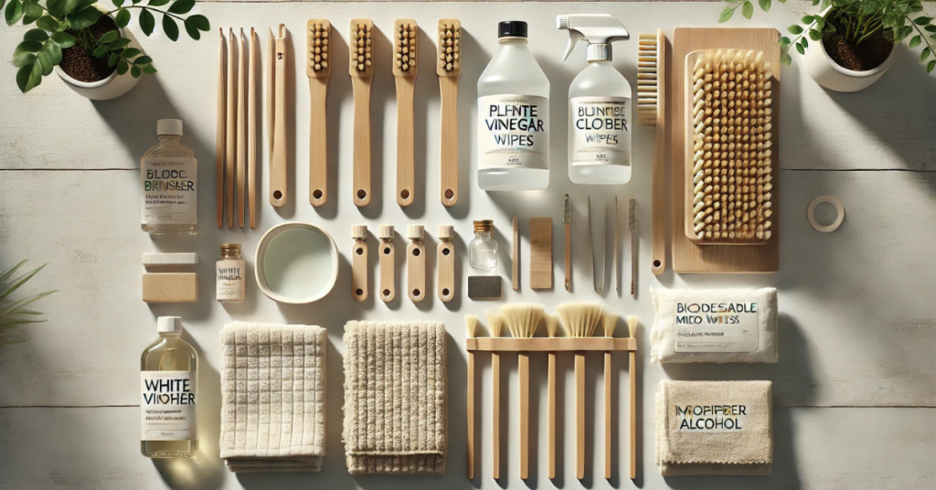 Flat lay of eco-friendly 3D printer cleaning tools including bamboo brushes, reusable cloths, plant-based wipes, and natural cleaners like vinegar and alcohol