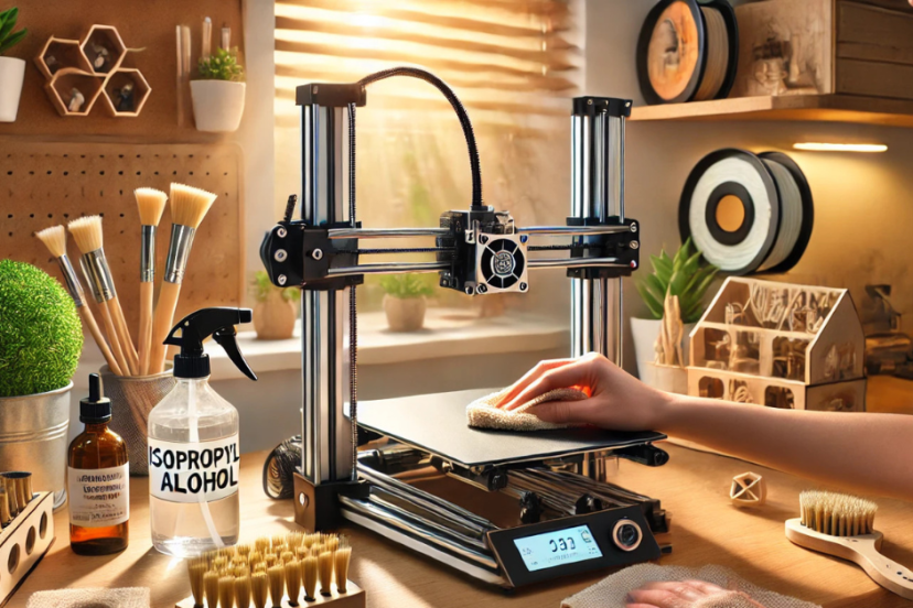 Person cleaning a 3D printer bed with eco-friendly tools in a sunlit workshop, surrounded by brushes, isopropyl alcohol, and reusable cloths