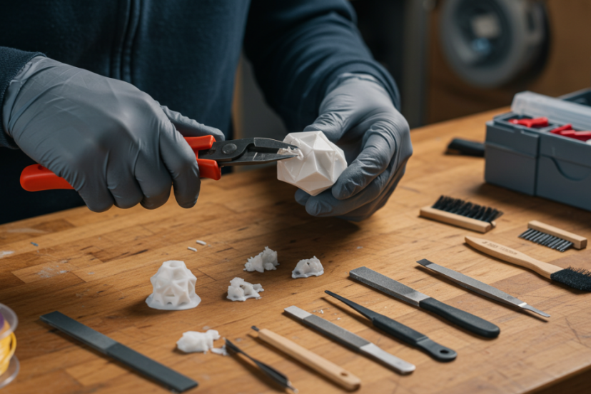 Person wearing gloves using flush cutters to remove supports from a 3D printed model on a workbench with post-processing tools laid out