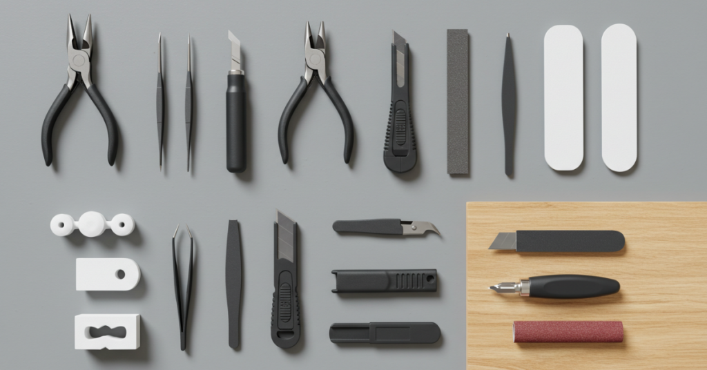 Flat lay of 3D print support removal tools including pliers, tweezers, precision knives, sanding sticks, and deburring tools on a gray background