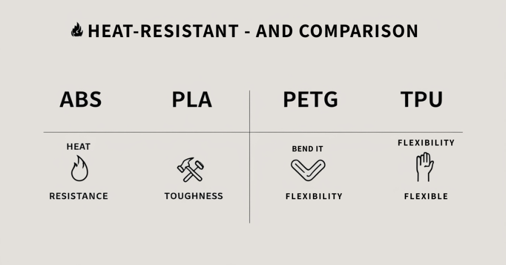 Comparison chart of ABS, PLA, PETG, and TPU properties for 3D printing.