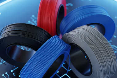 Colorful ABS filament rolls arranged in a spiral pattern, symbolizing innovation and variety in 3D printing materials