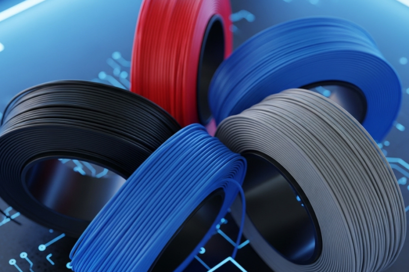 Colorful ABS filament rolls arranged in a spiral pattern, symbolizing innovation and variety in 3D printing materials