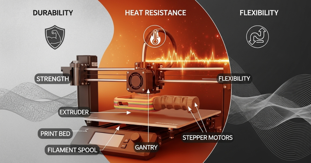 3D printer producing a rugged ABS object with visual symbols for durability, heat resistance, and flexibility