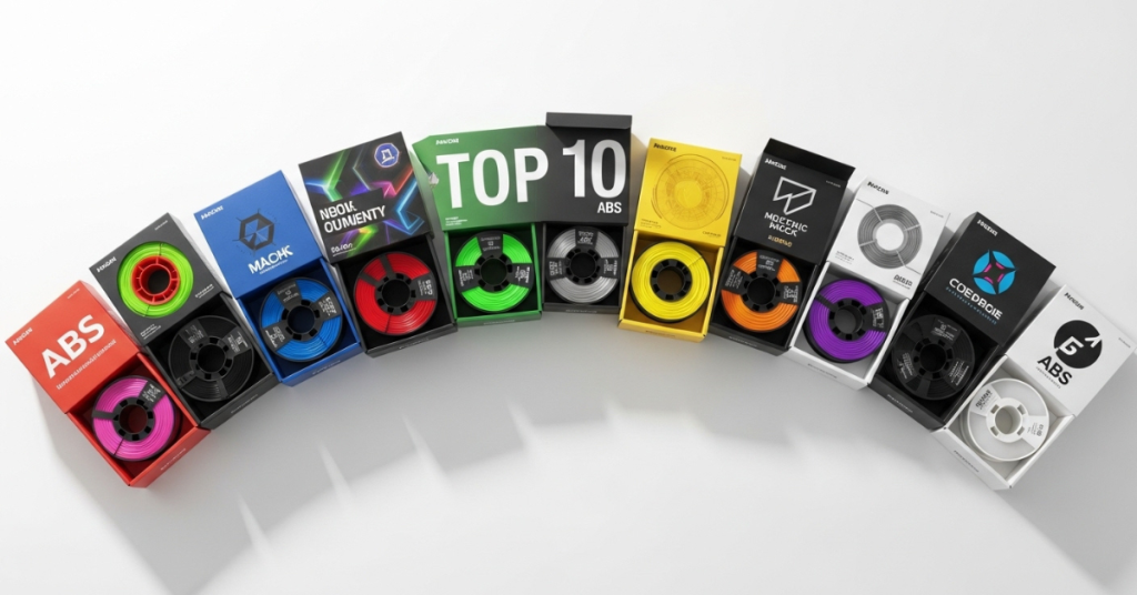 Ten ABS filament spools in branded packaging arranged in a top 10 award-style lineup